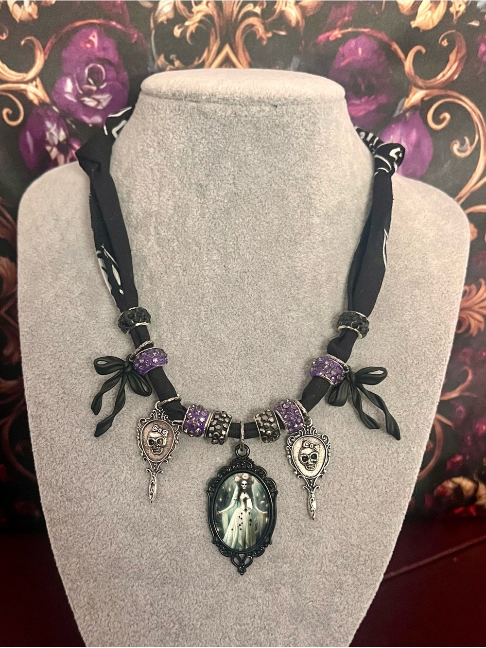 Gothic Black & Purple Bandana Scarf Necklace-Halloween Cameo & Skull Charms